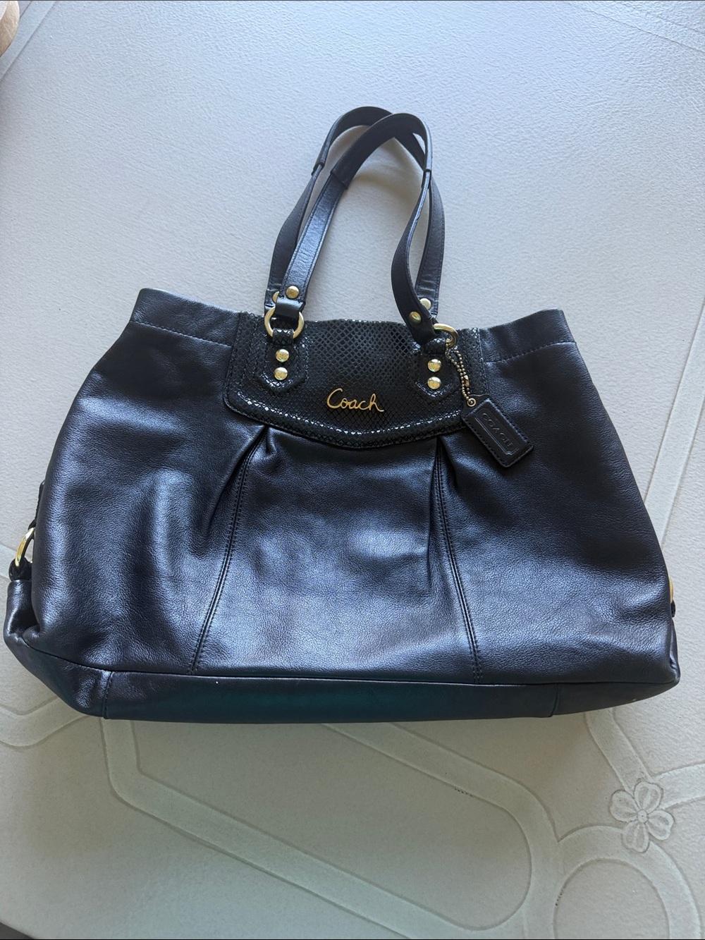 Coach Black Leather Tote with Gold Accent Hardware